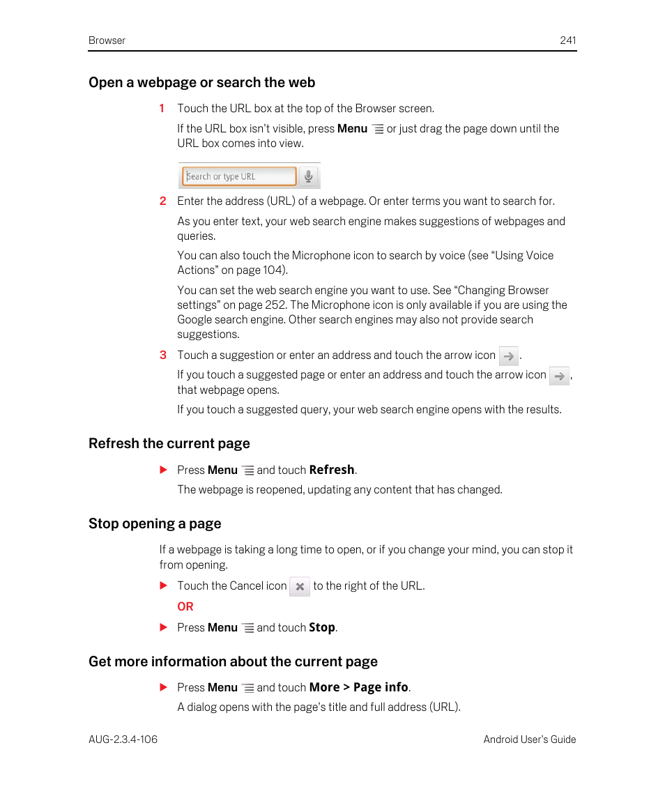 Open a webpage or search the web, Refresh the current page, Stop opening a page | Get more information about the current page | Google Android 2.3.4 Users Guide User Manual | Page 241 / 384