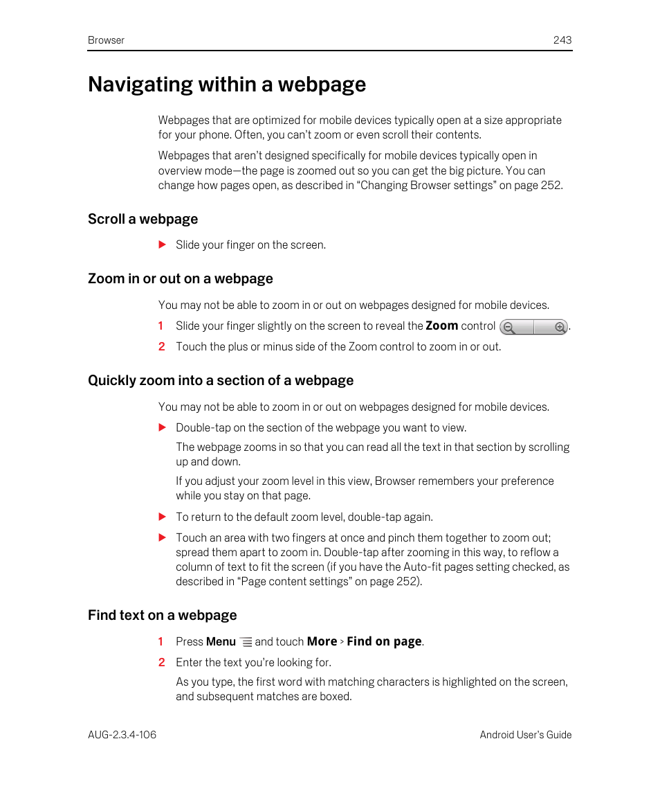 Navigating within a webpage | Google Android 2.3.4 Users Guide User Manual | Page 243 / 384