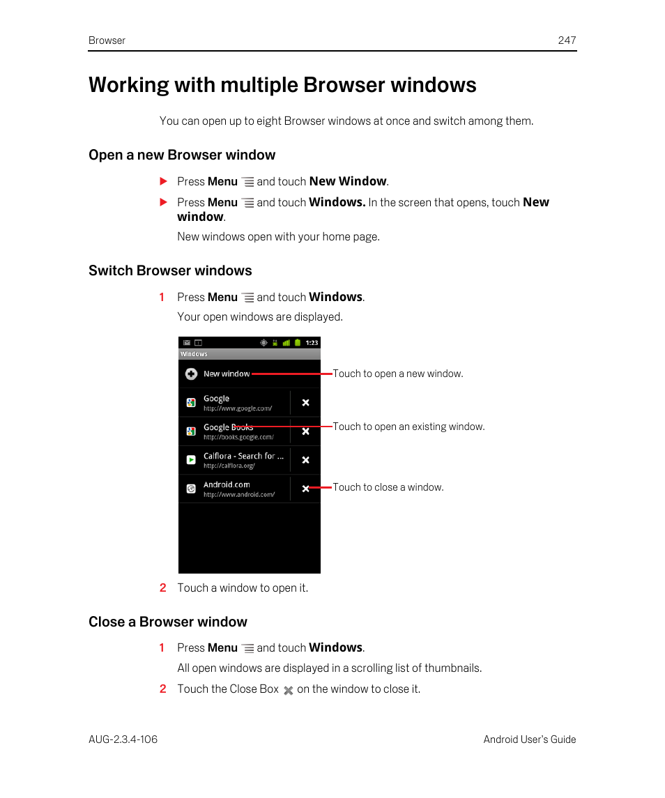 Working with multiple browser windows, Open a new browser window, Switch browser windows | Close a browser window, Working with multiple browser windows 247 | Google Android 2.3.4 Users Guide User Manual | Page 247 / 384