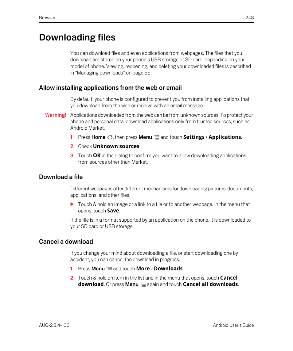 Downloading files, Download a file, Cancel a download | Downloading files 248 | Google Android 2.3.4 Users Guide User Manual | Page 248 / 384