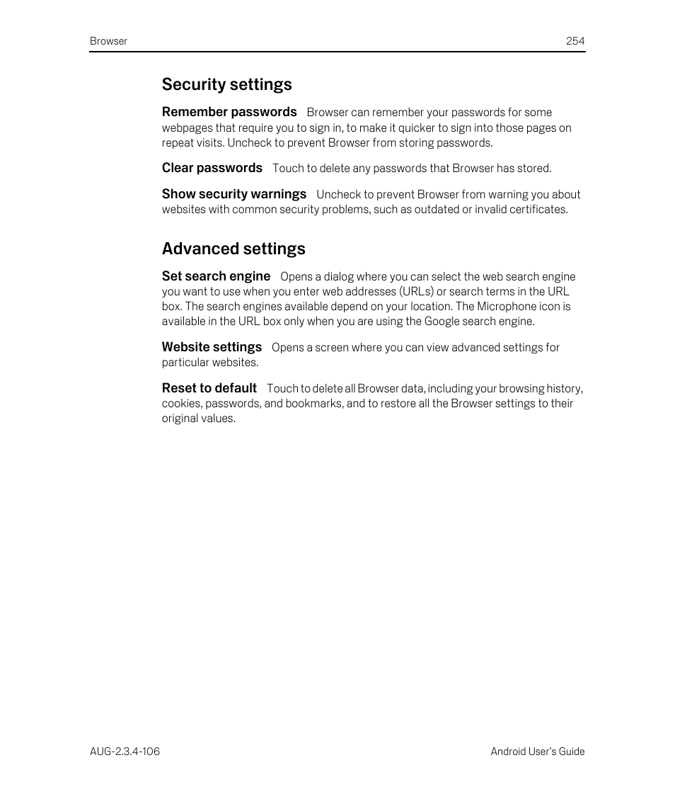 Security settings, Remember passwords, Clear passwords | Show security warnings, Advanced settings, Set search engine, Website settings, Reset to default, Security settings 254 advanced settings 254 | Google Android 2.3.4 Users Guide User Manual | Page 254 / 384