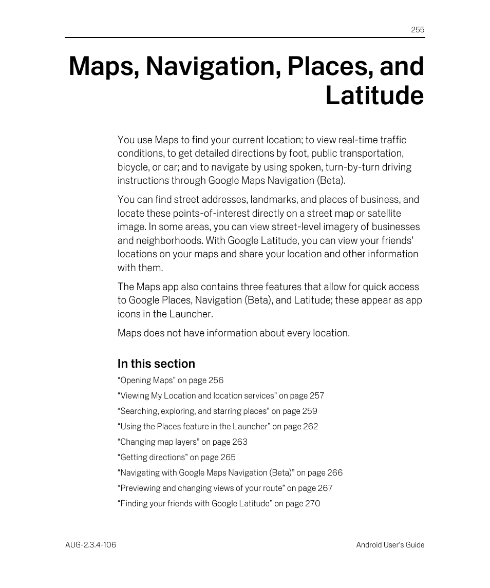 Maps, navigation, places, and latitude, Maps, navigation, places, and latitude 255 | Google Android 2.3.4 Users Guide User Manual | Page 255 / 384