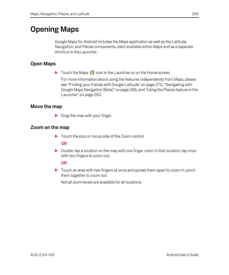 Opening maps, Open maps, Move the map | Zoom on the map, Opening maps 256 | Google Android 2.3.4 Users Guide User Manual | Page 256 / 384
