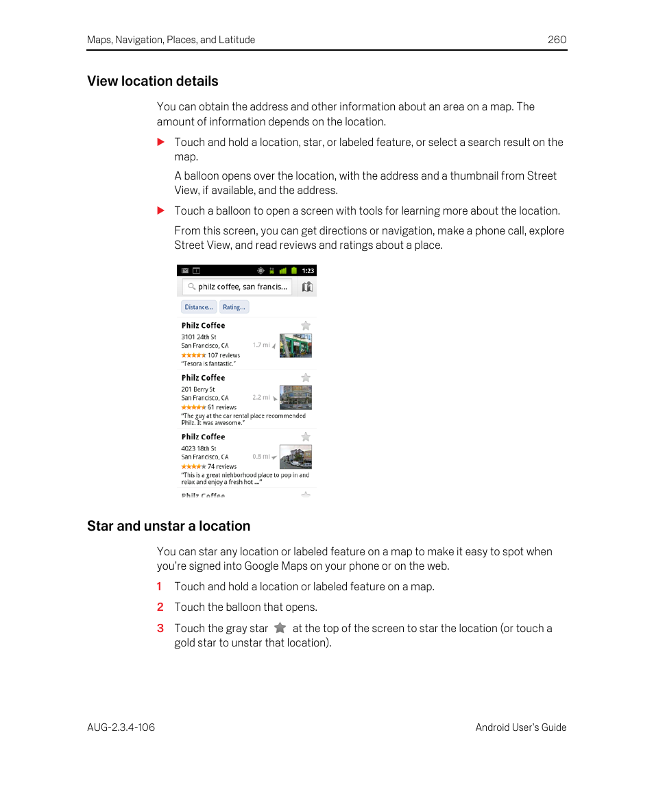 View location details, Star and unstar a location | Google Android 2.3.4 Users Guide User Manual | Page 260 / 384