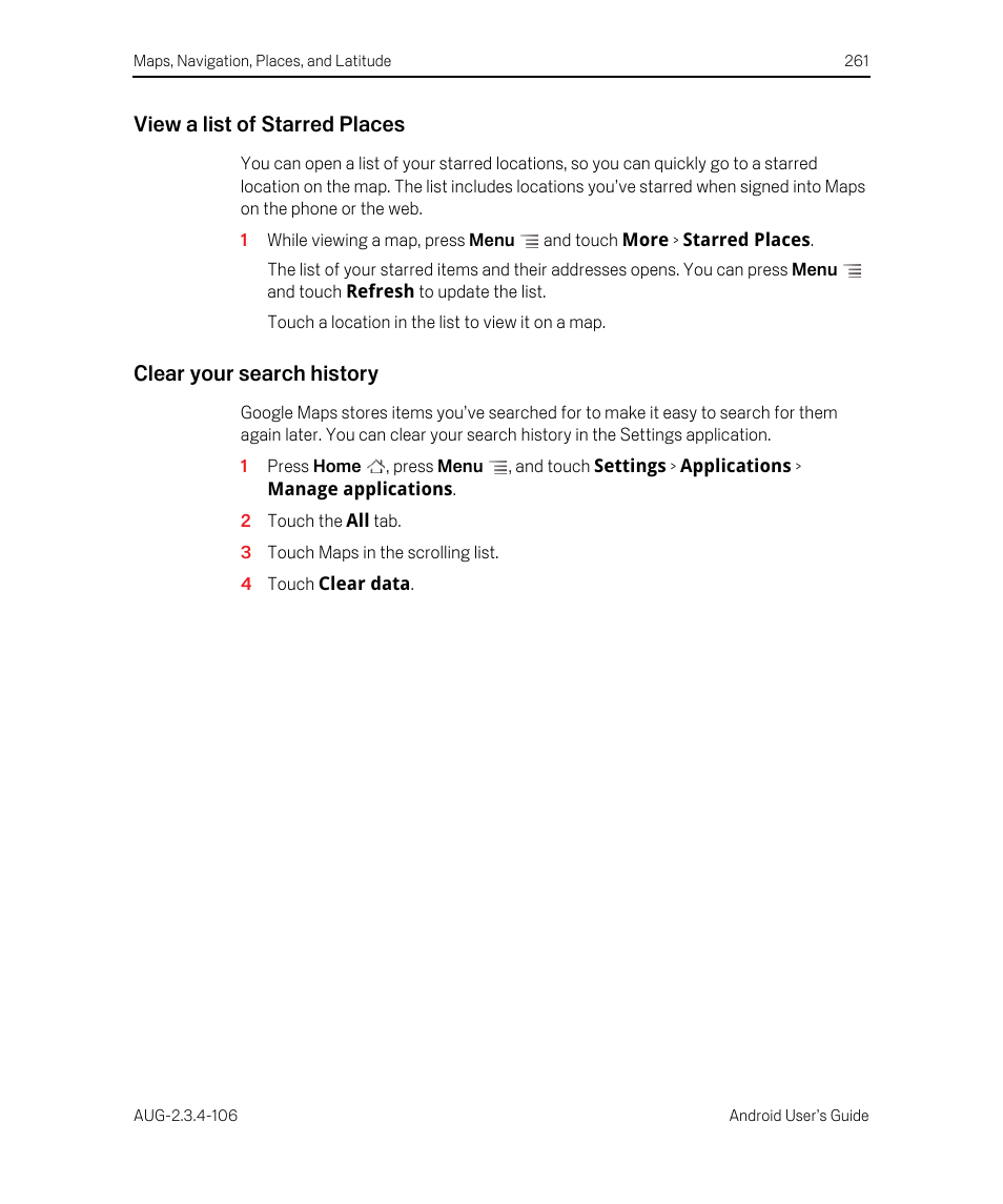 View a list of starred places, Clear your search history | Google Android 2.3.4 Users Guide User Manual | Page 261 / 384