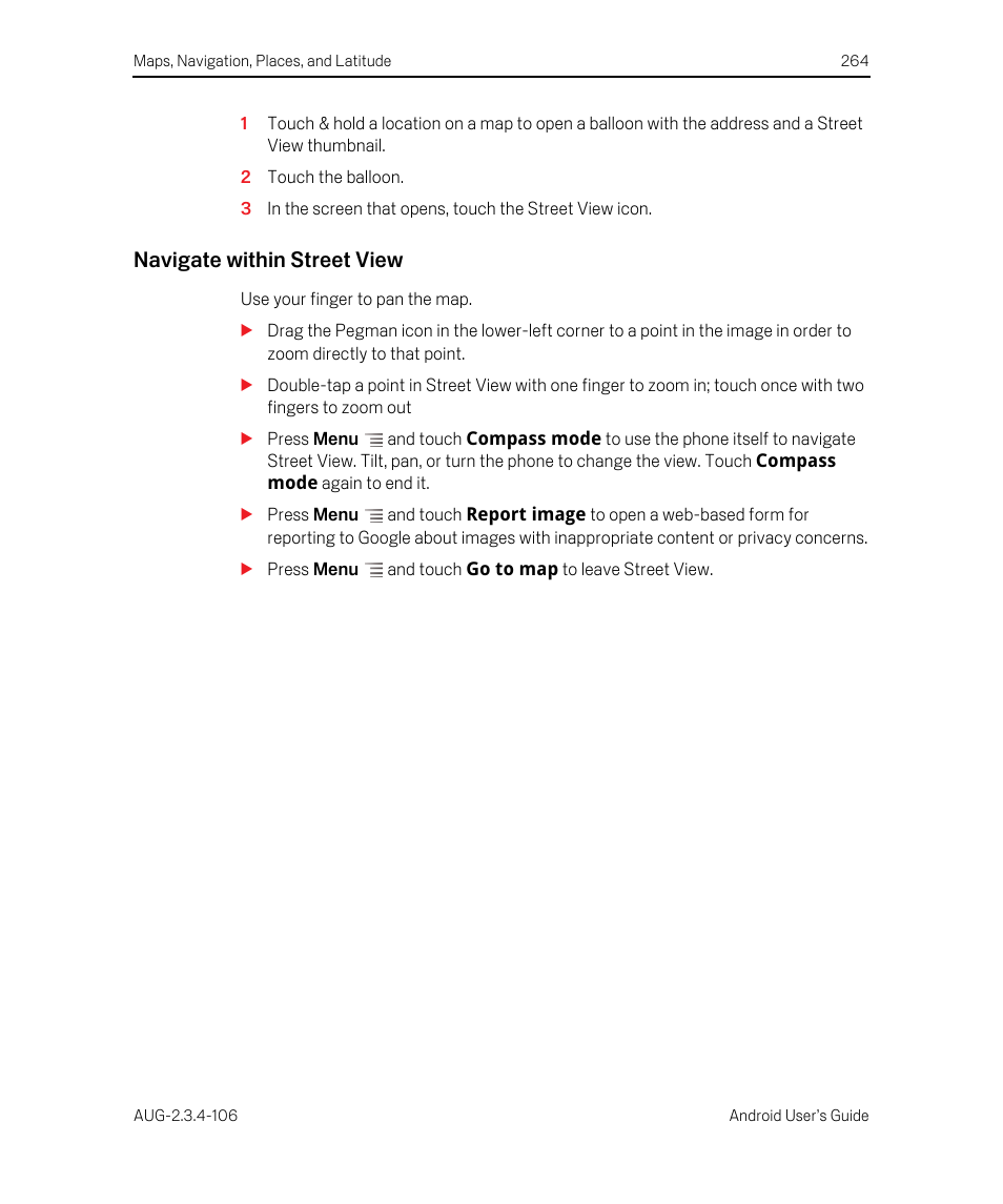 Navigate within street view | Google Android 2.3.4 Users Guide User Manual | Page 264 / 384