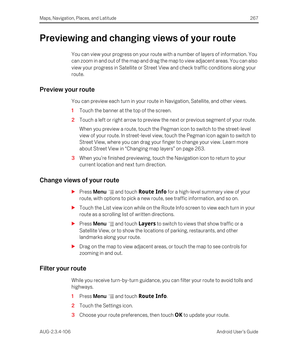 Previewing and changing views of your route, Preview your route, Change views of your route | Filter your route, Previewing and changing views of your route 267 | Google Android 2.3.4 Users Guide User Manual | Page 267 / 384