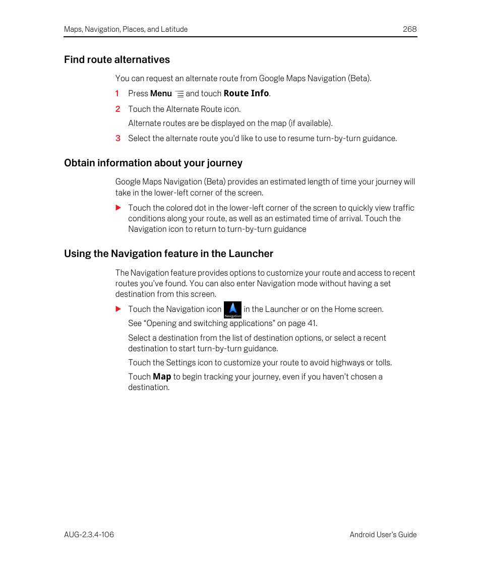 Find route alternatives, Obtain information about your journey, Using the navigation feature in the launcher | Google Android 2.3.4 Users Guide User Manual | Page 268 / 384