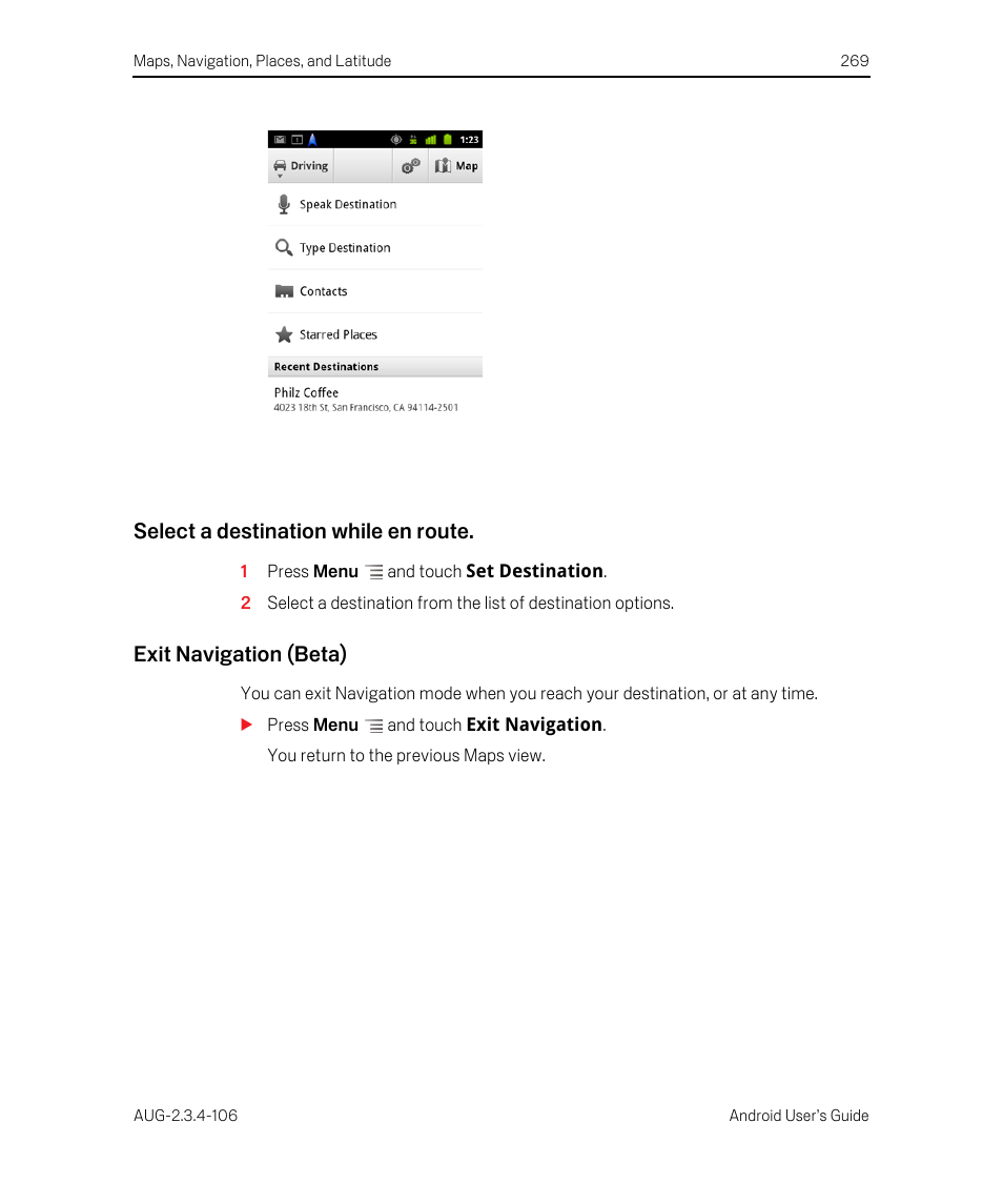 Select a destination while en route, Exit navigation (beta) | Google Android 2.3.4 Users Guide User Manual | Page 269 / 384