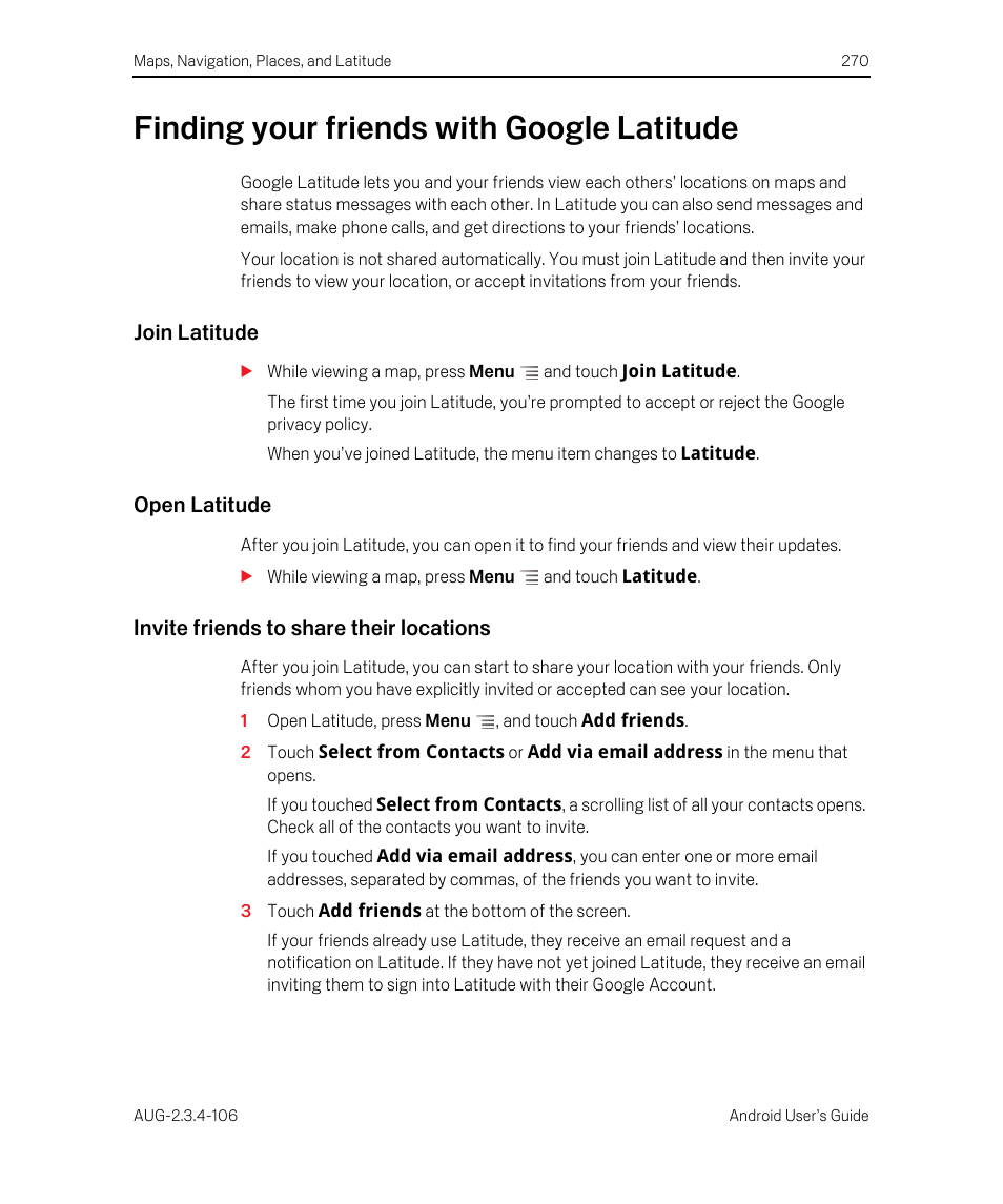 Finding your friends with google latitude, Join latitude, Open latitude | Invite friends to share their locations, Finding your friends with google latitude 270 | Google Android 2.3.4 Users Guide User Manual | Page 270 / 384