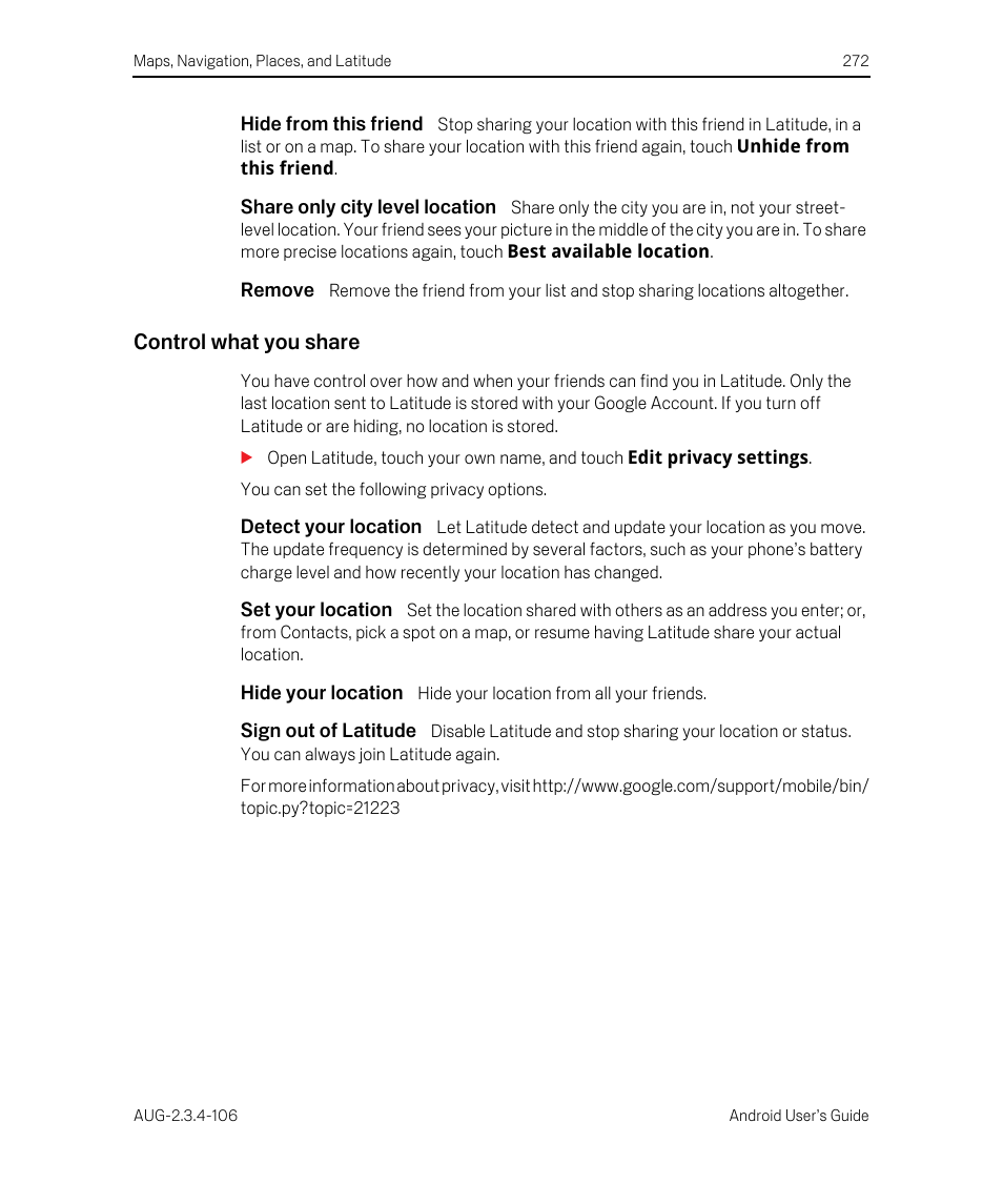 Hide from this friend, Share only city level location, Remove | Control what you share, Detect your location, Set your location, Hide your location, Sign out of latitude | Google Android 2.3.4 Users Guide User Manual | Page 272 / 384