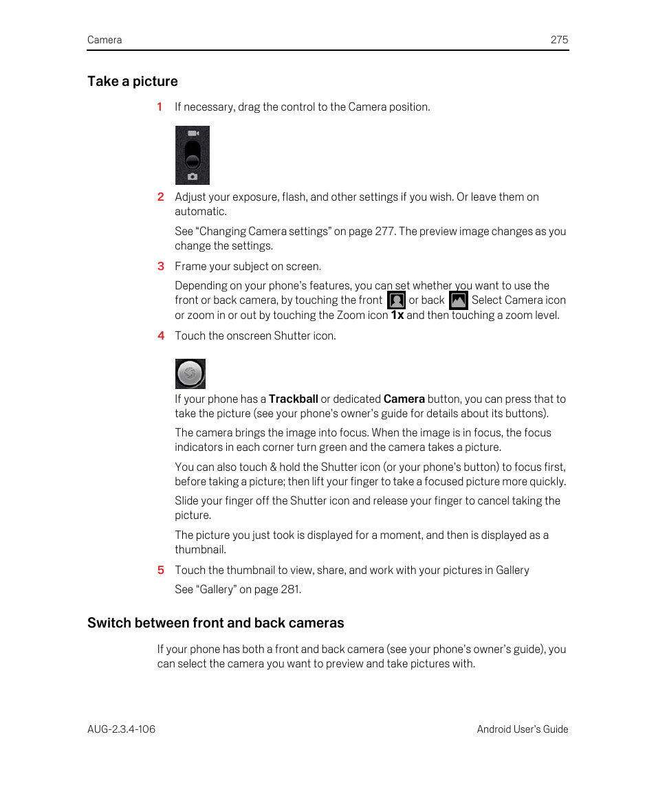 Take a picture, Switch between front and back cameras | Google Android 2.3.4 Users Guide User Manual | Page 275 / 384