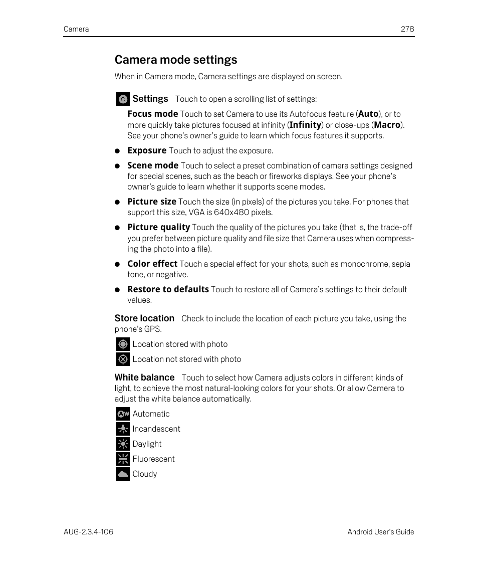 Camera mode settings, Settings, Store location | White balance, Camera mode settings 278 | Google Android 2.3.4 Users Guide User Manual | Page 278 / 384