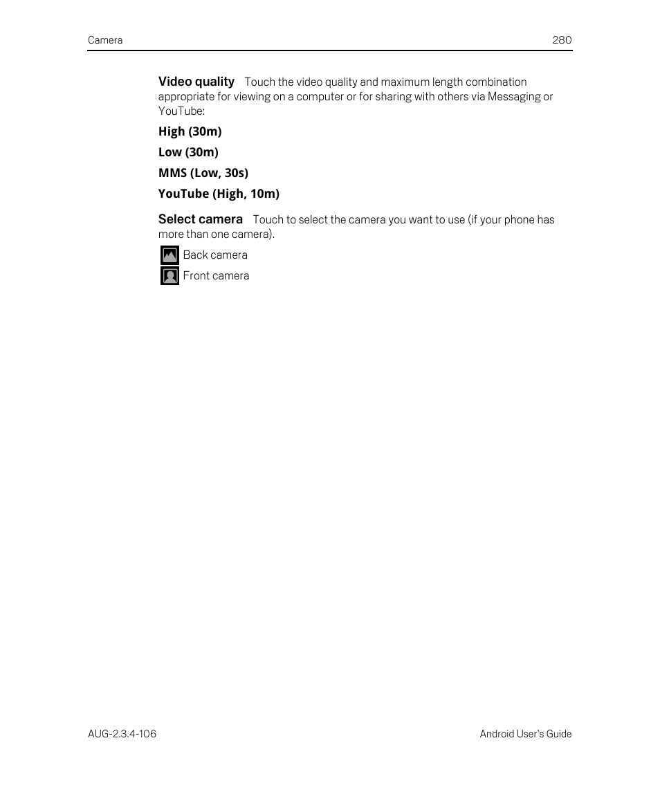 Video quality, Select camera | Google Android 2.3.4 Users Guide User Manual | Page 280 / 384
