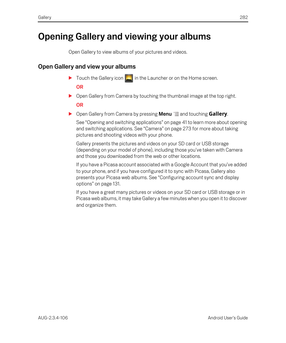 Opening gallery and viewing your albums, Open gallery and view your albums, Opening gallery and viewing your albums 282 | Google Android 2.3.4 Users Guide User Manual | Page 282 / 384