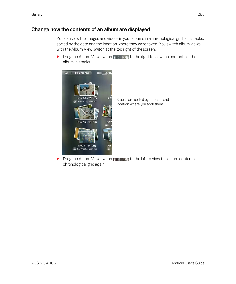 Change how the contents of an album are displayed | Google Android 2.3.4 Users Guide User Manual | Page 285 / 384