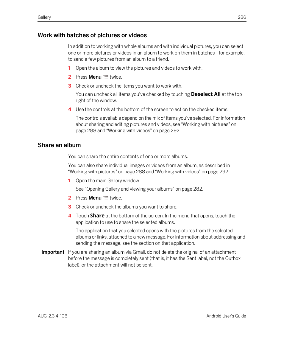 Work with batches of pictures or videos, Share an album | Google Android 2.3.4 Users Guide User Manual | Page 286 / 384