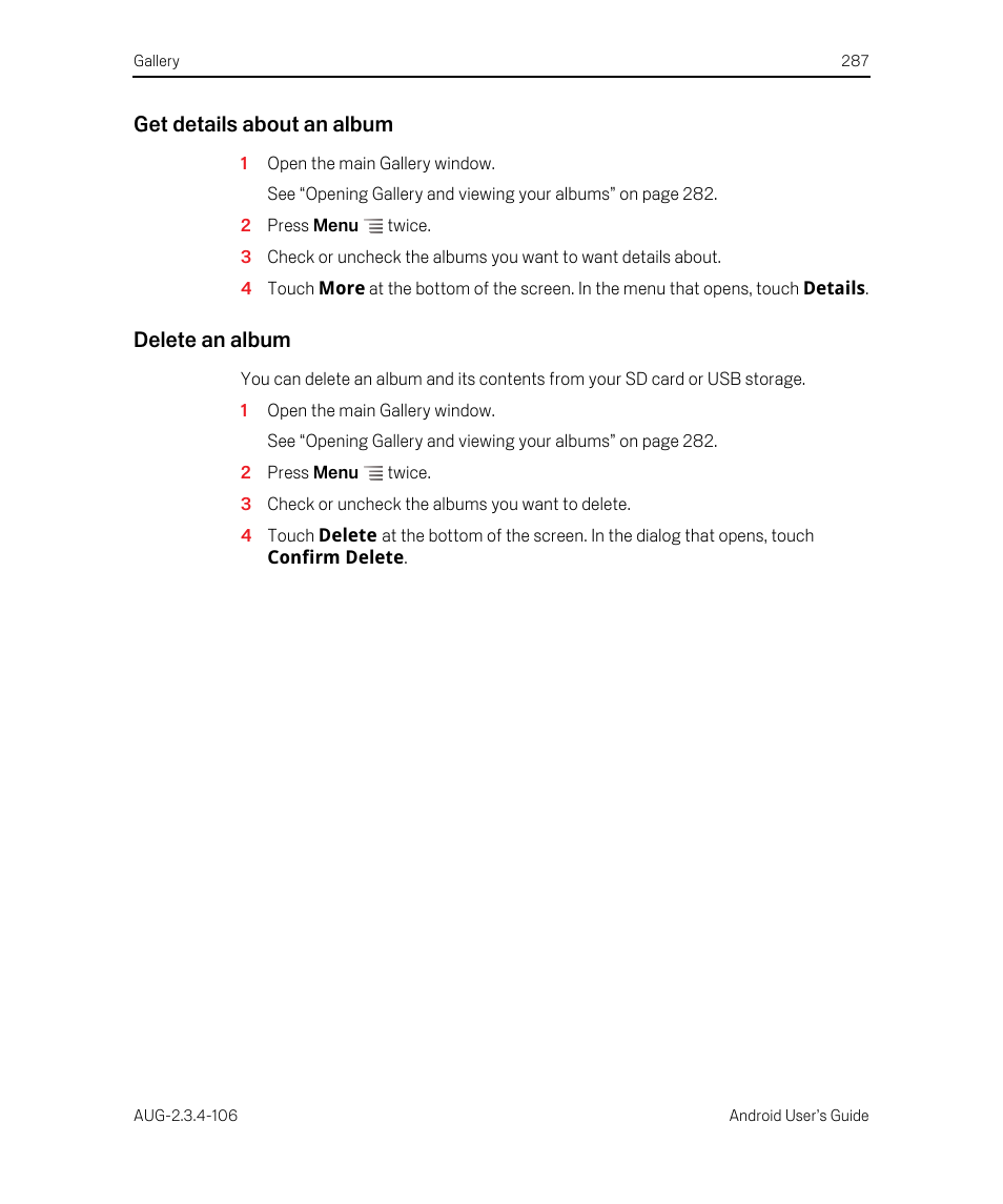 Get details about an album, Delete an album | Google Android 2.3.4 Users Guide User Manual | Page 287 / 384