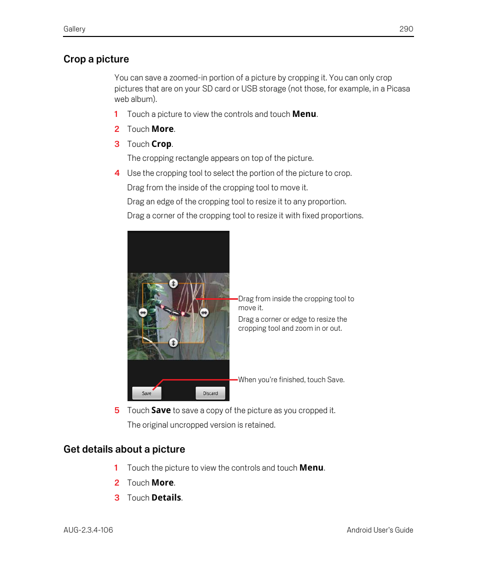 Crop a picture, Get details about a picture | Google Android 2.3.4 Users Guide User Manual | Page 290 / 384