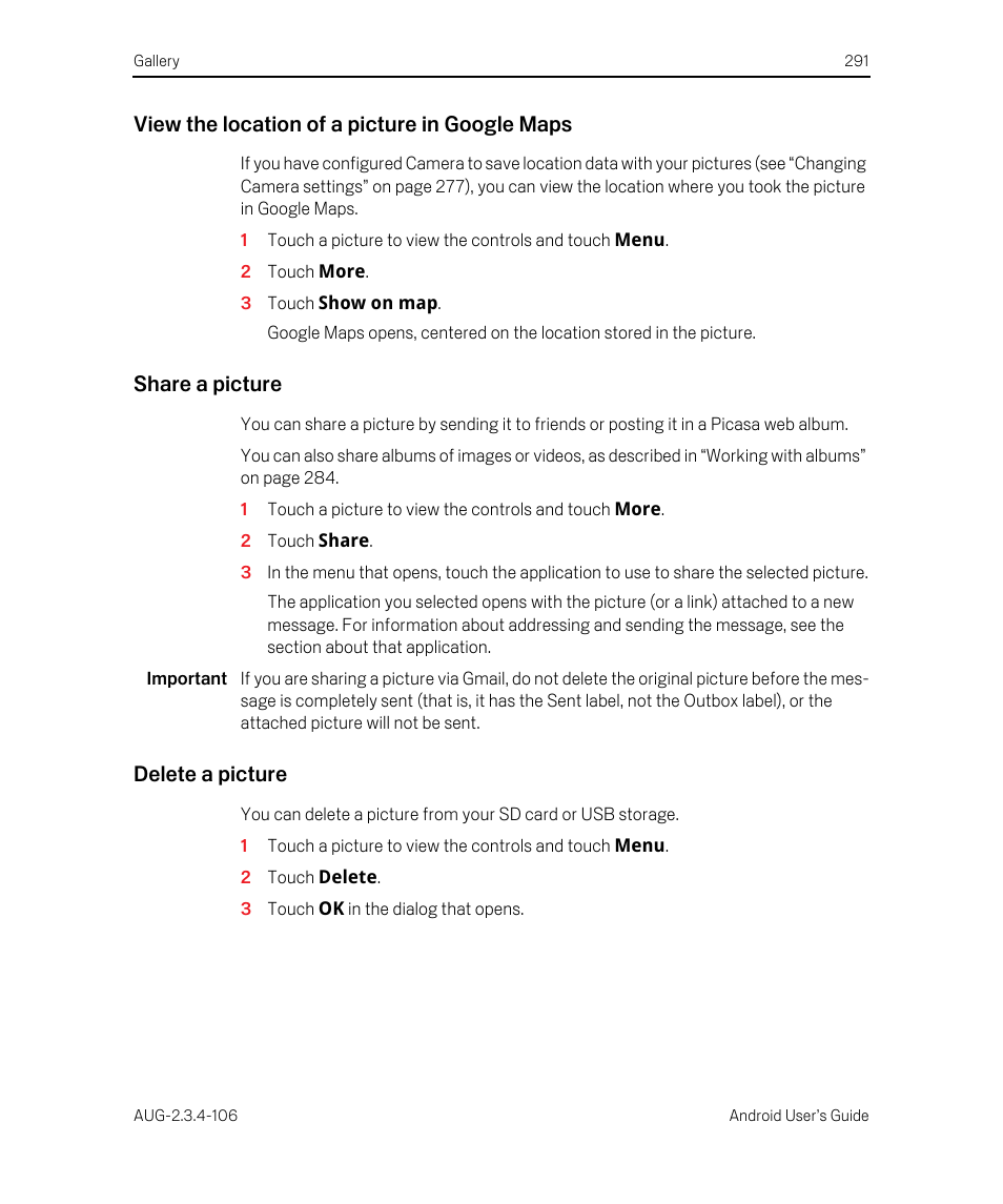 View the location of a picture in google maps, Share a picture, Delete a picture | Google Android 2.3.4 Users Guide User Manual | Page 291 / 384