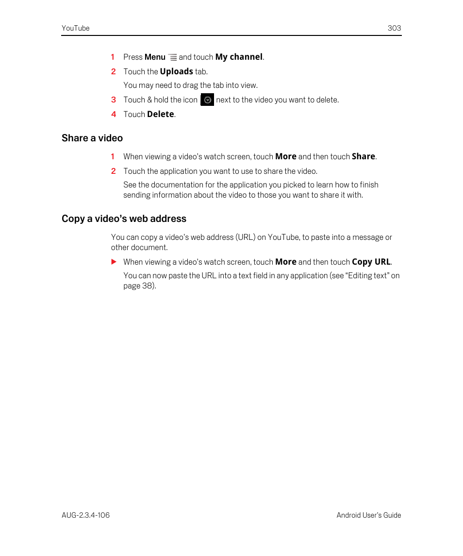 Share a video, Copy a video’s web address | Google Android 2.3.4 Users Guide User Manual | Page 303 / 384