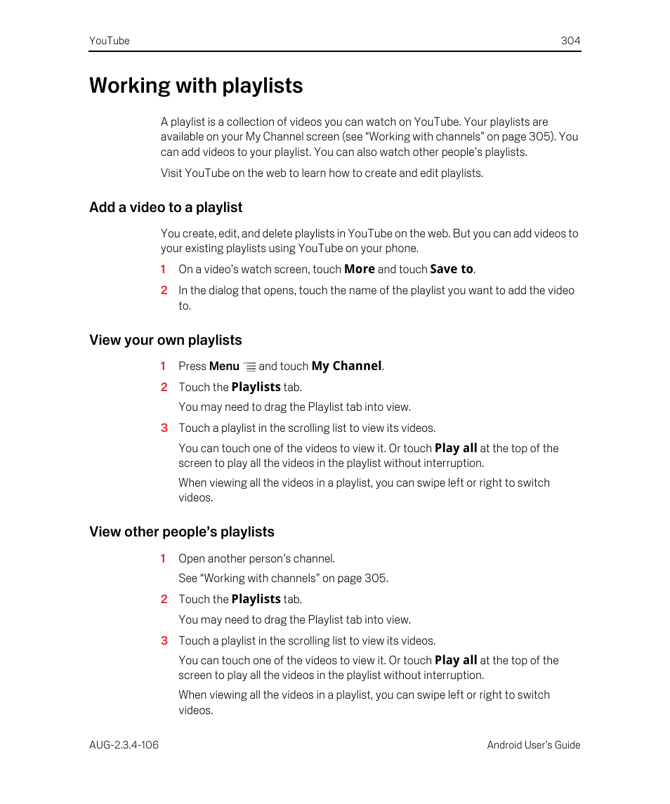 Working with playlists, Add a video to a playlist, View your own playlists | View other people’s playlists, Working with playlists 304 | Google Android 2.3.4 Users Guide User Manual | Page 304 / 384