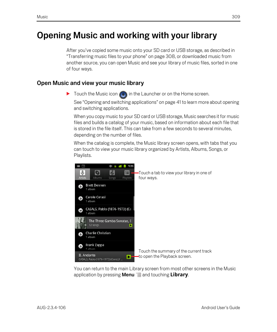 Opening music and working with your library, Open music and view your music library, Opening music and working with your library 309 | Google Android 2.3.4 Users Guide User Manual | Page 309 / 384