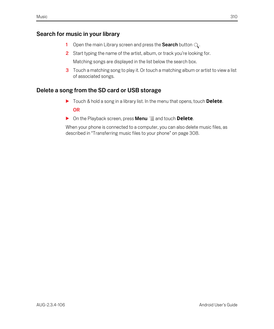 Search for music in your library, Delete a song from the sd card or usb storage | Google Android 2.3.4 Users Guide User Manual | Page 310 / 384