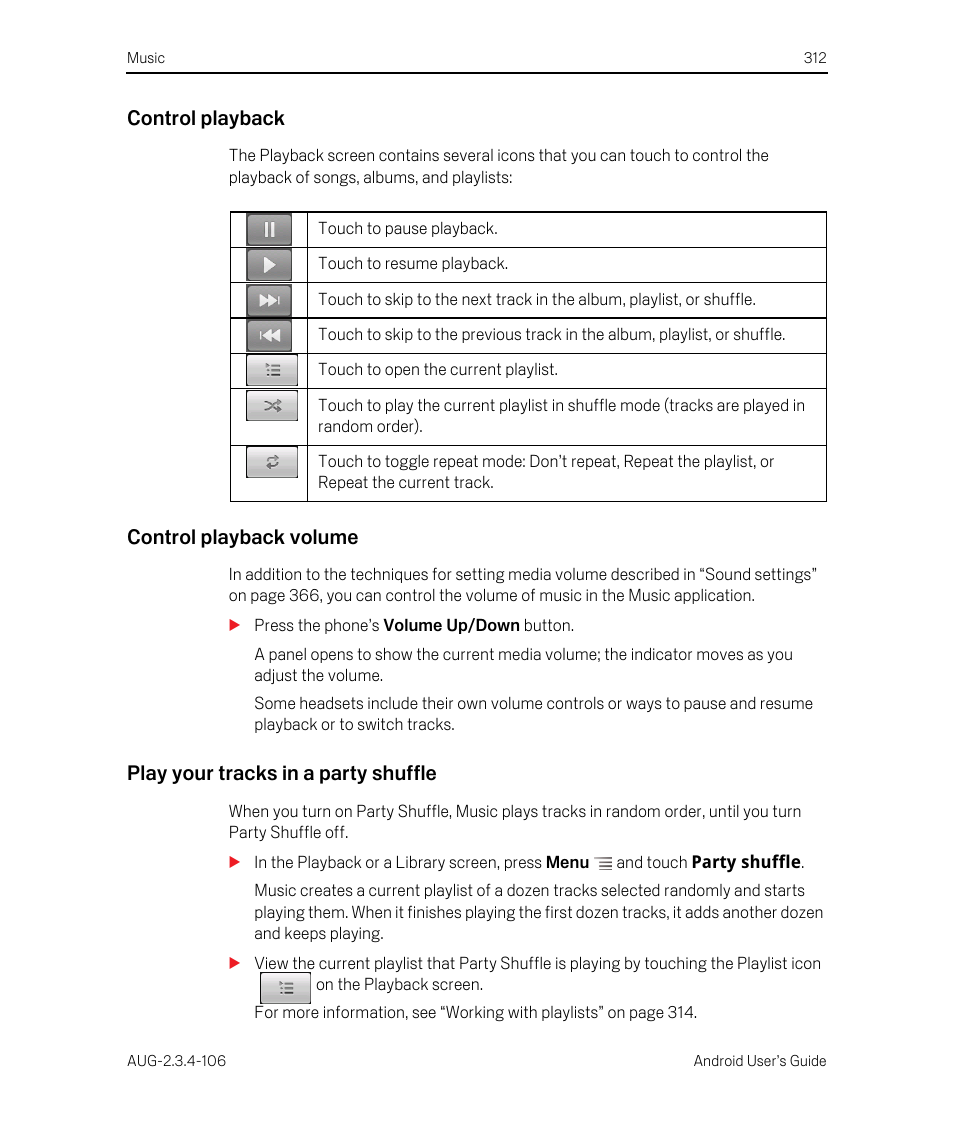 Control playback, Control playback volume, Play your tracks in a party shuffle | Google Android 2.3.4 Users Guide User Manual | Page 312 / 384