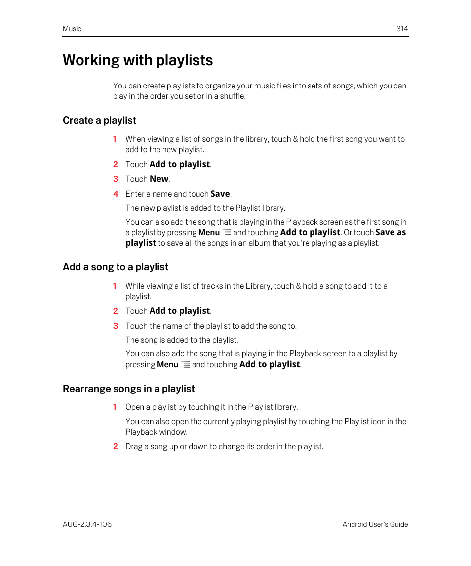 Working with playlists, Create a playlist, Add a song to a playlist | Rearrange songs in a playlist, Working with playlists 314 | Google Android 2.3.4 Users Guide User Manual | Page 314 / 384