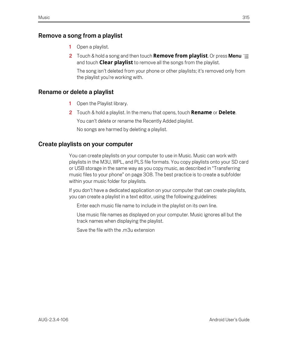 Remove a song from a playlist, Rename or delete a playlist, Create playlists on your computer | Google Android 2.3.4 Users Guide User Manual | Page 315 / 384