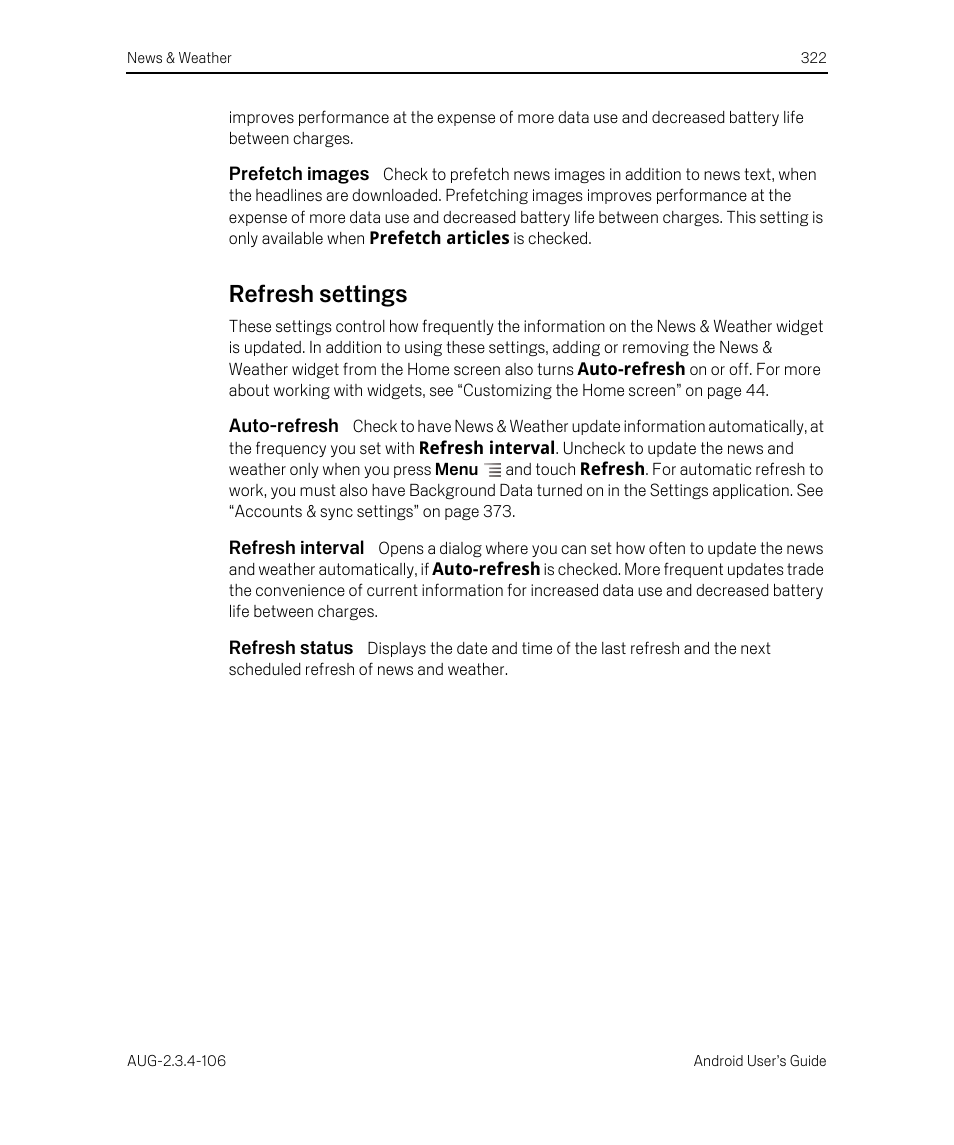 Prefetch images, Refresh settings, Auto-refresh | Refresh interval, Refresh status, Refresh settings 322 | Google Android 2.3.4 Users Guide User Manual | Page 322 / 384