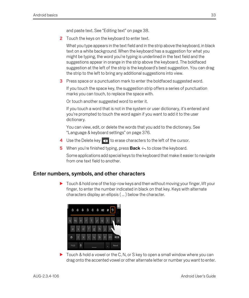 Enter numbers, symbols, and other characters | Google Android 2.3.4 Users Guide User Manual | Page 33 / 384