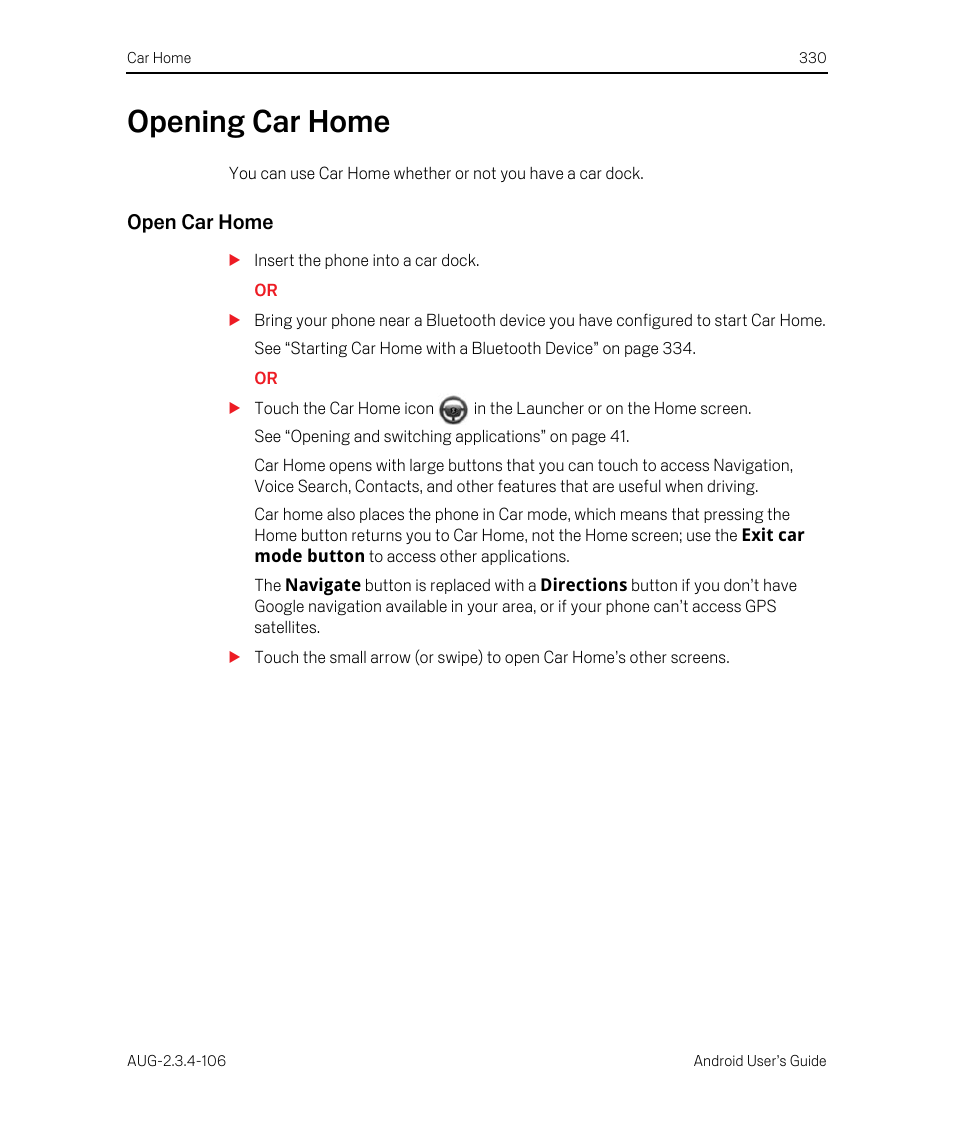 Opening car home, Open car home, Opening car home 330 | Google Android 2.3.4 Users Guide User Manual | Page 330 / 384
