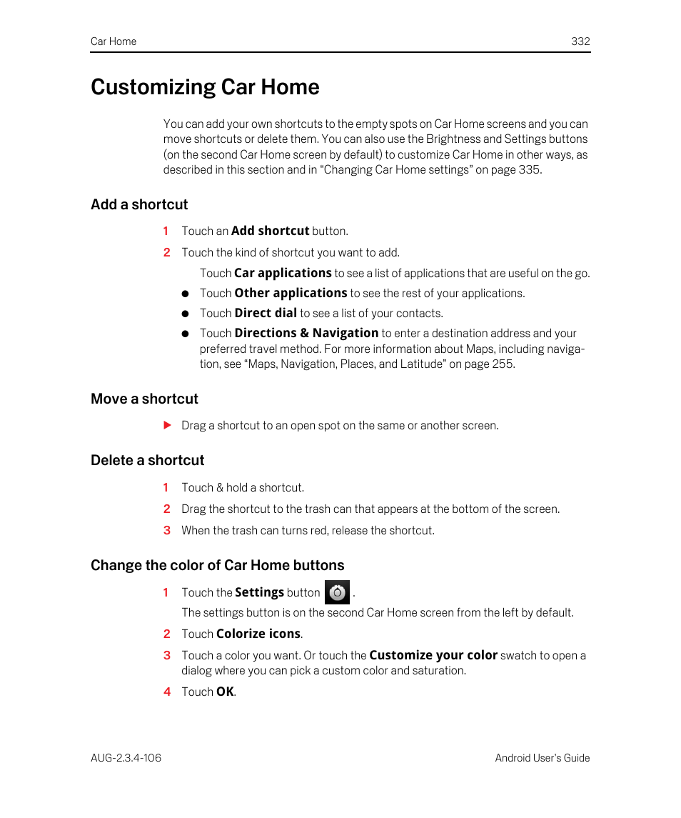 Customizing car home, Add a shortcut, Move a shortcut | Delete a shortcut, Change the color of car home buttons, Customizing car home 332 | Google Android 2.3.4 Users Guide User Manual | Page 332 / 384