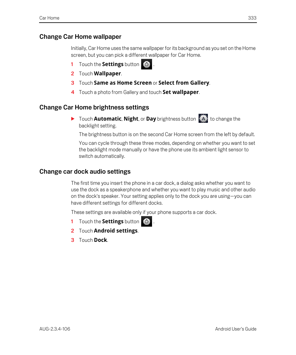 Change car home wallpaper, Change car home brightness settings, Change car dock audio settings | Google Android 2.3.4 Users Guide User Manual | Page 333 / 384