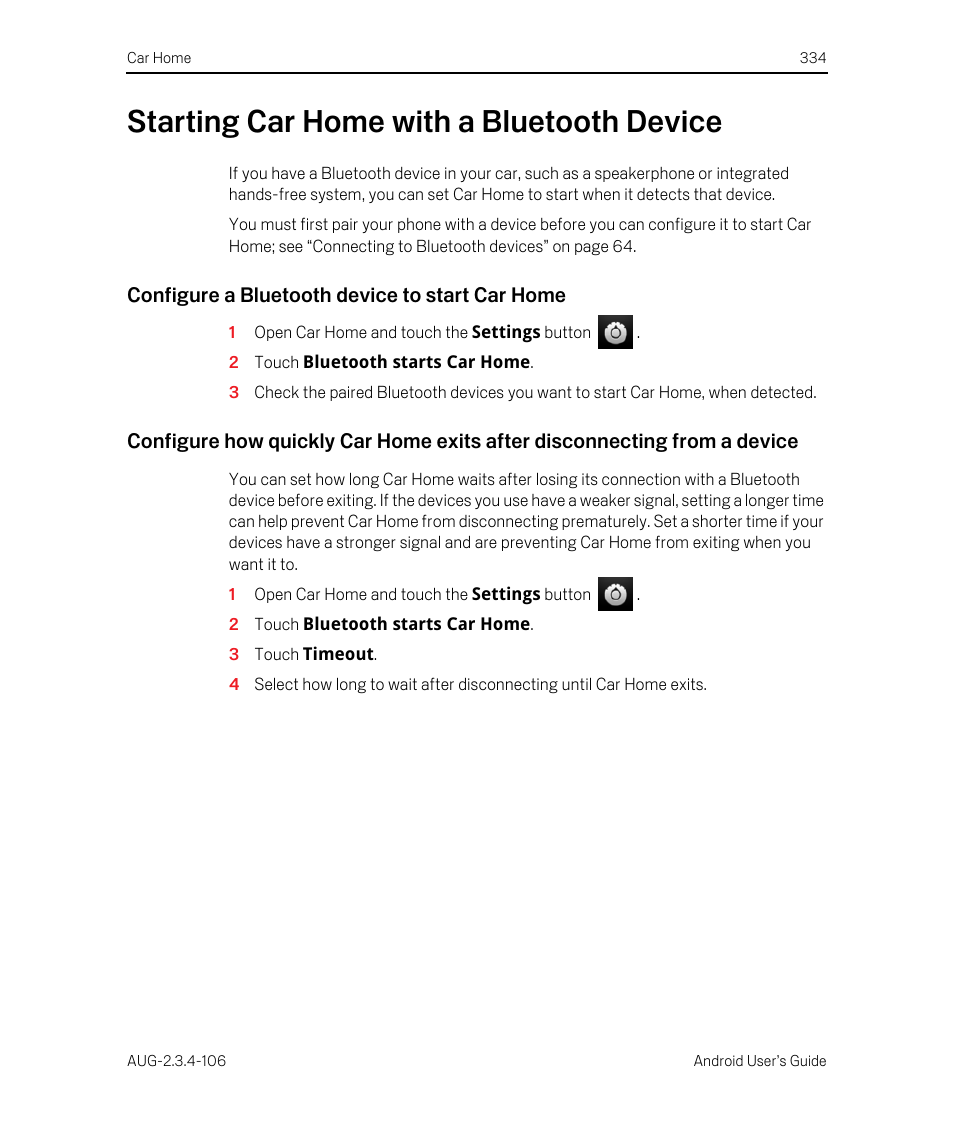 Starting car home with a bluetooth device, Configure a bluetooth device to start car home, Starting car home with a bluetooth device 334 | Google Android 2.3.4 Users Guide User Manual | Page 334 / 384