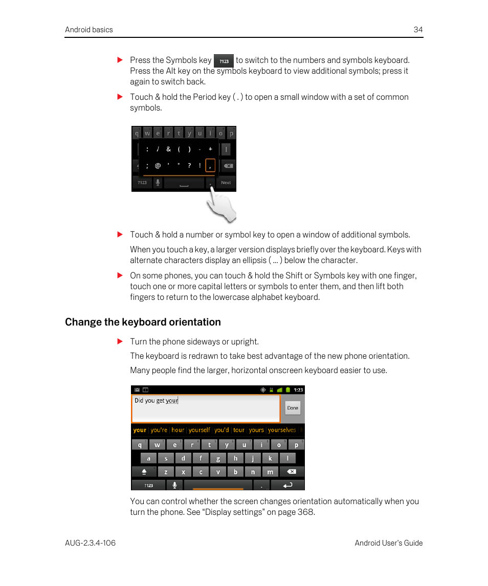 Change the keyboard orientation | Google Android 2.3.4 Users Guide User Manual | Page 34 / 384