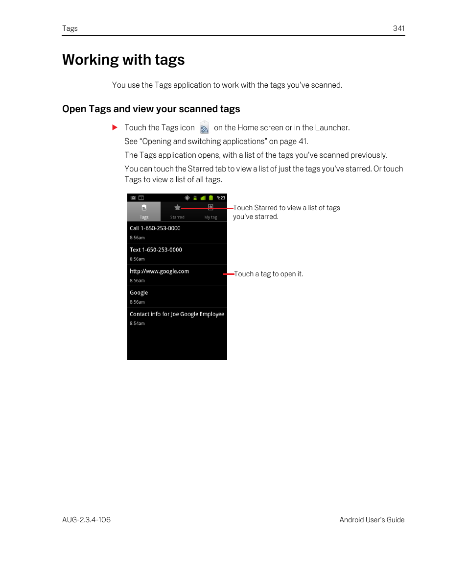 Working with tags, Open tags and view your scanned tags, Working with tags 341 | Google Android 2.3.4 Users Guide User Manual | Page 341 / 384