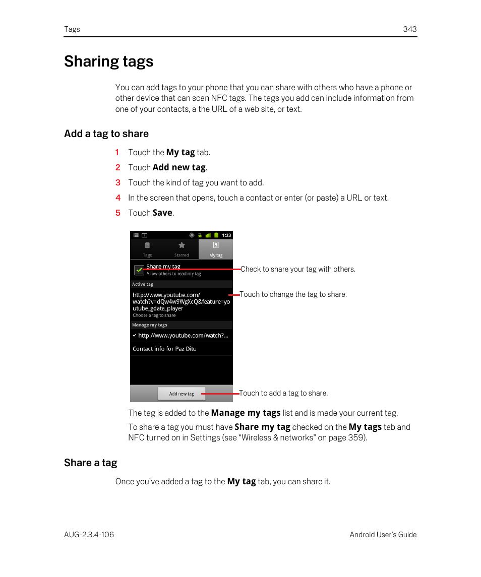 Sharing tags, Add a tag to share, Share a tag | Sharing tags 343 | Google Android 2.3.4 Users Guide User Manual | Page 343 / 384