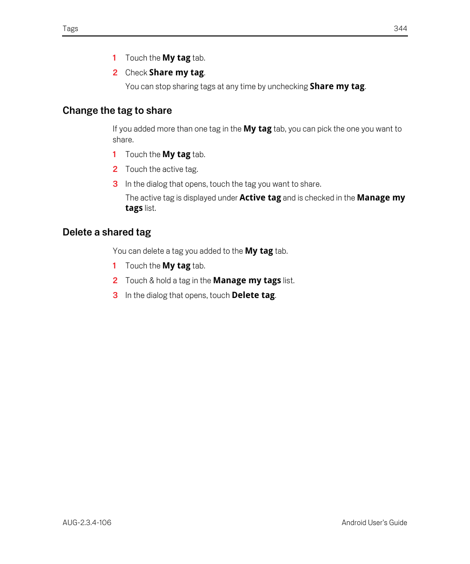 Change the tag to share, Delete a shared tag | Google Android 2.3.4 Users Guide User Manual | Page 344 / 384