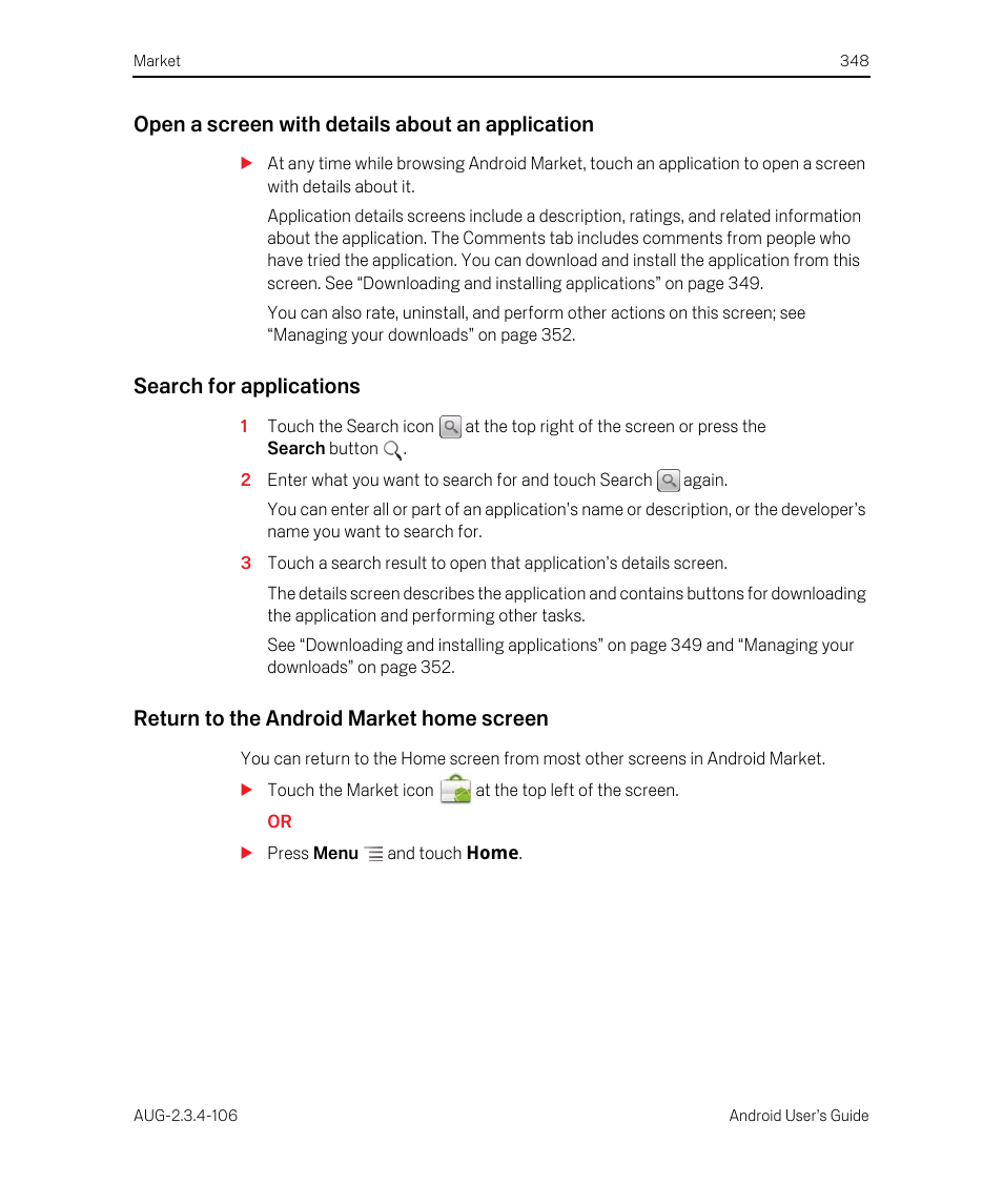 Open a screen with details about an application, Search for applications, Return to the android market home screen | Google Android 2.3.4 Users Guide User Manual | Page 348 / 384
