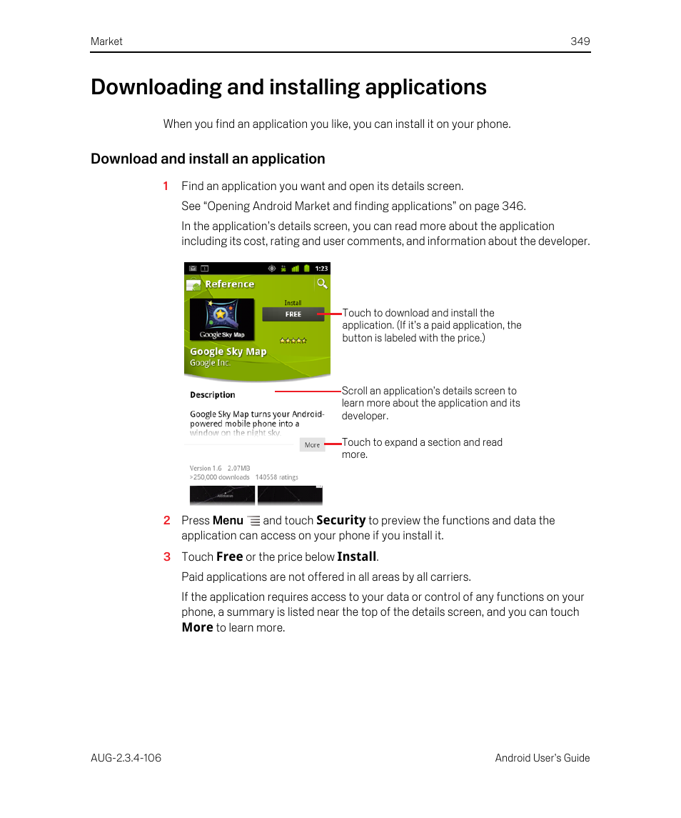 Downloading and installing applications, Download and install an application, Downloading and installing applications 349 | Google Android 2.3.4 Users Guide User Manual | Page 349 / 384