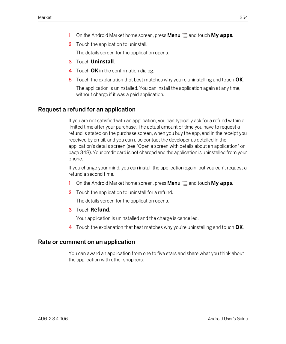 Request a refund for an application, Rate or comment on an application | Google Android 2.3.4 Users Guide User Manual | Page 354 / 384