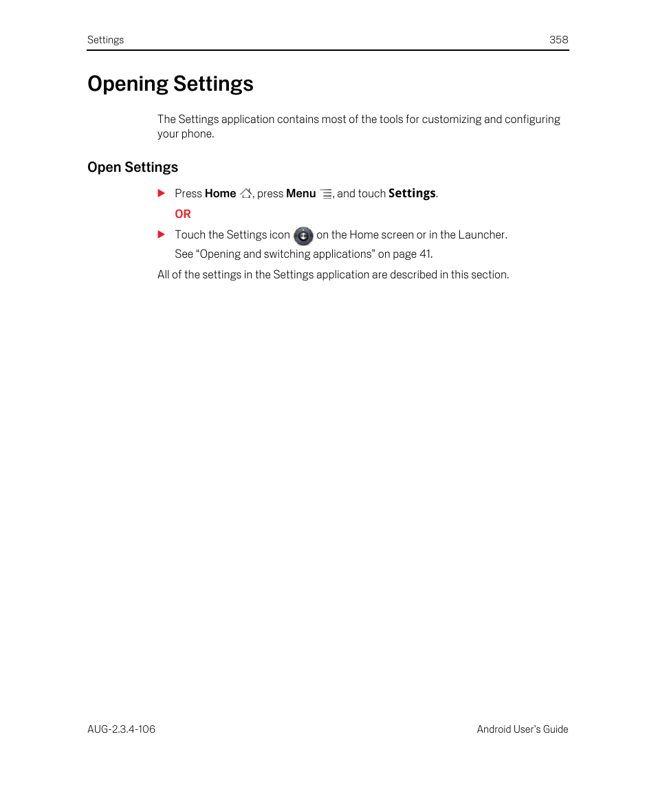 Opening settings, Open settings, Opening settings 358 | Google Android 2.3.4 Users Guide User Manual | Page 358 / 384