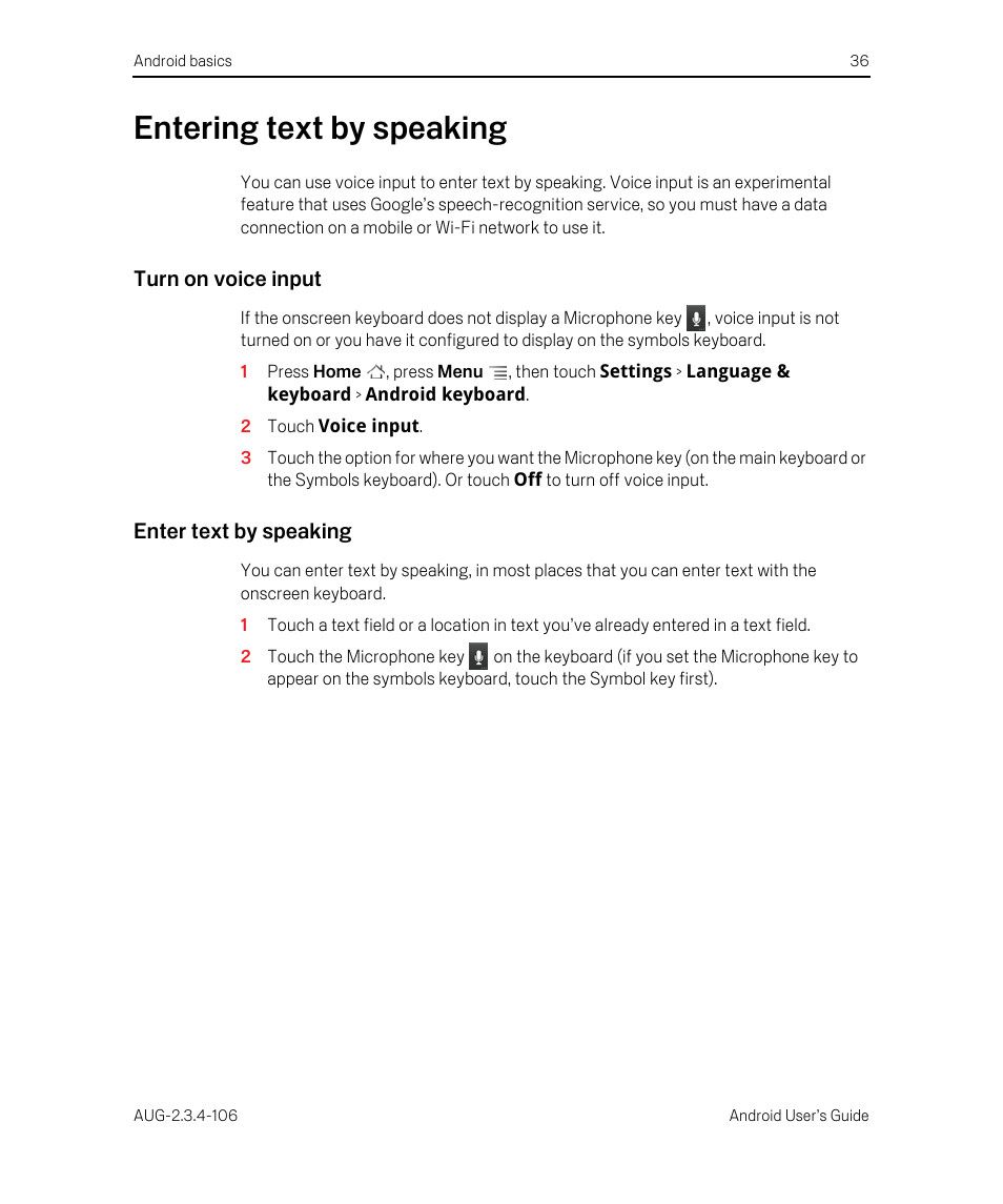 Entering text by speaking, Turn on voice input, Enter text by speaking | Entering text by speaking 36 | Google Android 2.3.4 Users Guide User Manual | Page 36 / 384