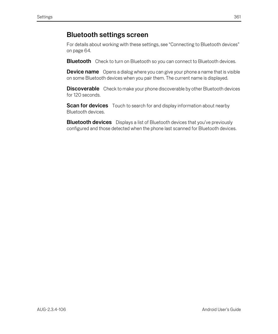 Bluetooth settings screen, Bluetooth, Device name | Discoverable, Scan for devices, Bluetooth devices, Bluetooth settings screen 361 | Google Android 2.3.4 Users Guide User Manual | Page 361 / 384
