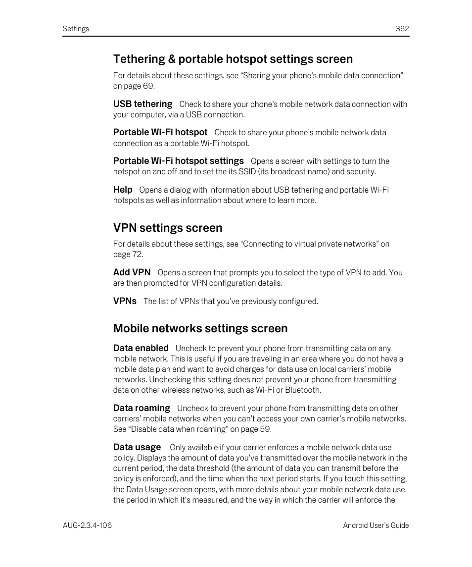 Tethering & portable hotspot settings screen, Usb tethering, Portable wi-fi hotspot | Portable wi-fi hotspot settings, Help, Vpn settings screen, Add vpn, Vpns, Mobile networks settings screen, Data enabled | Google Android 2.3.4 Users Guide User Manual | Page 362 / 384