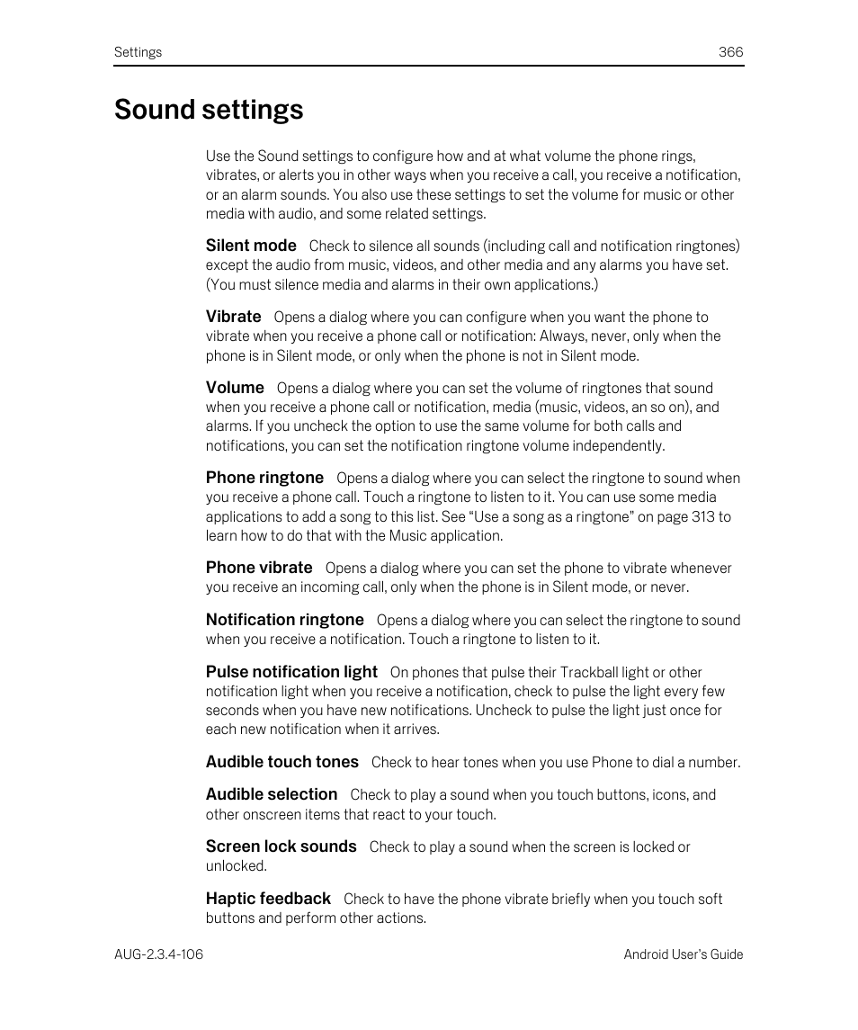Sound settings, Silent mode, Vibrate | Volume, Phone ringtone, Phone vibrate, Notification ringtone, Pulse notification light, Audible touch tones, Audible selection | Google Android 2.3.4 Users Guide User Manual | Page 366 / 384