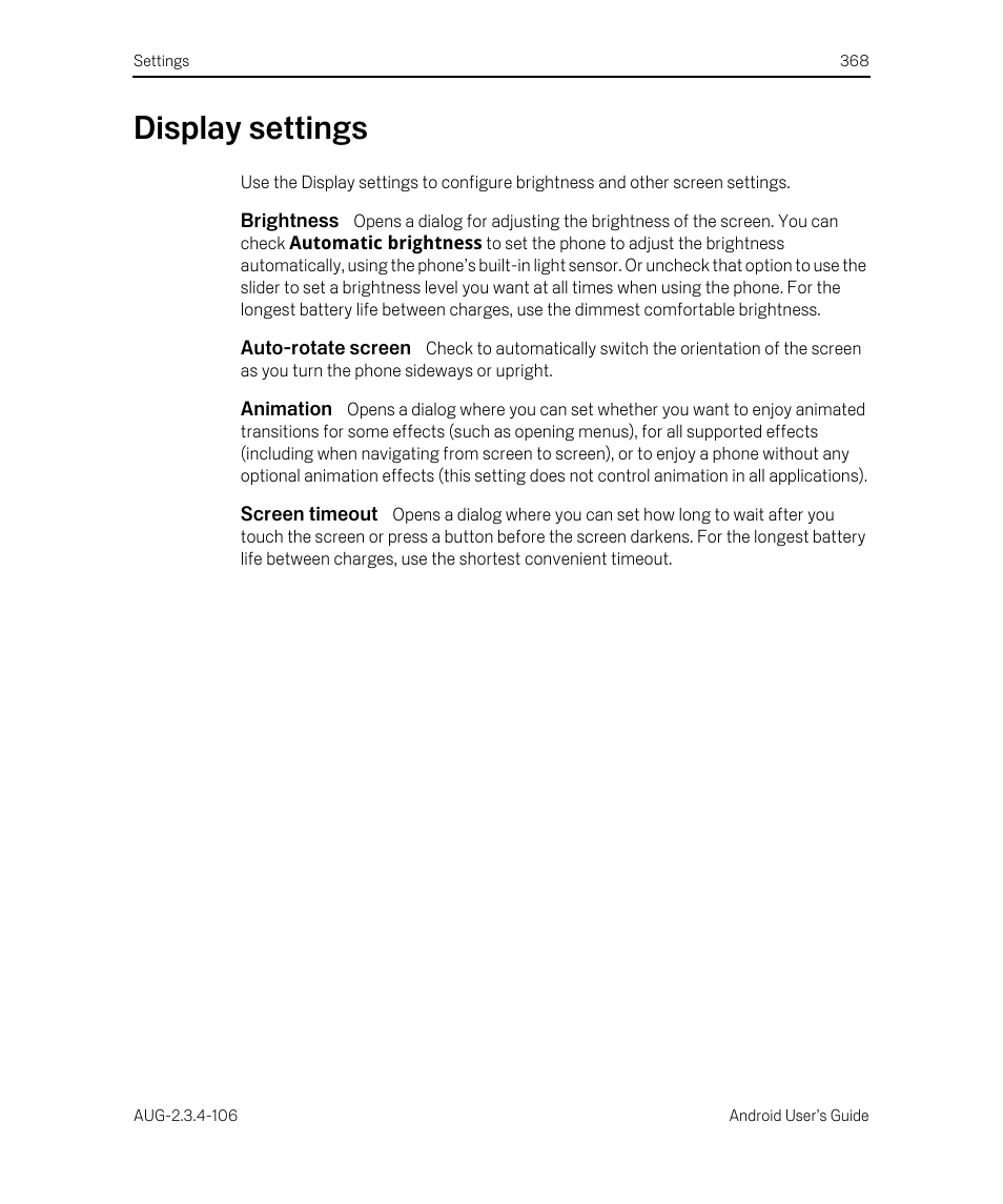 Display settings, Brightness, Auto-rotate screen | Animation, Screen timeout, Display settings 368 | Google Android 2.3.4 Users Guide User Manual | Page 368 / 384